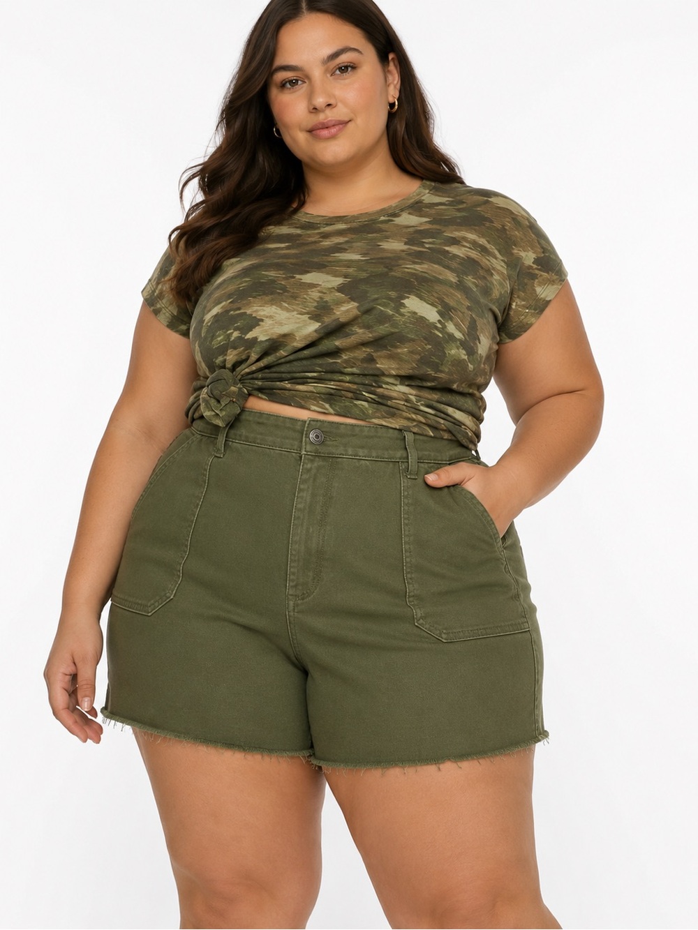 Olive Green Distressed Denim Shorts